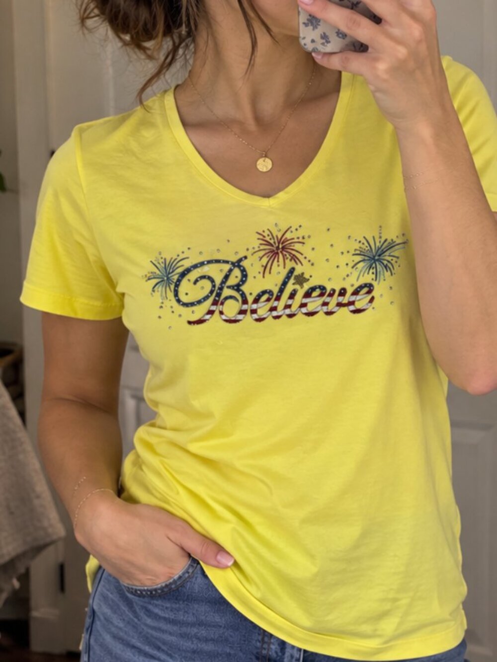 Quacker Factory Believe Tee 8 Yellow V Neck Rhinestone Embroidered Patriotic NWT